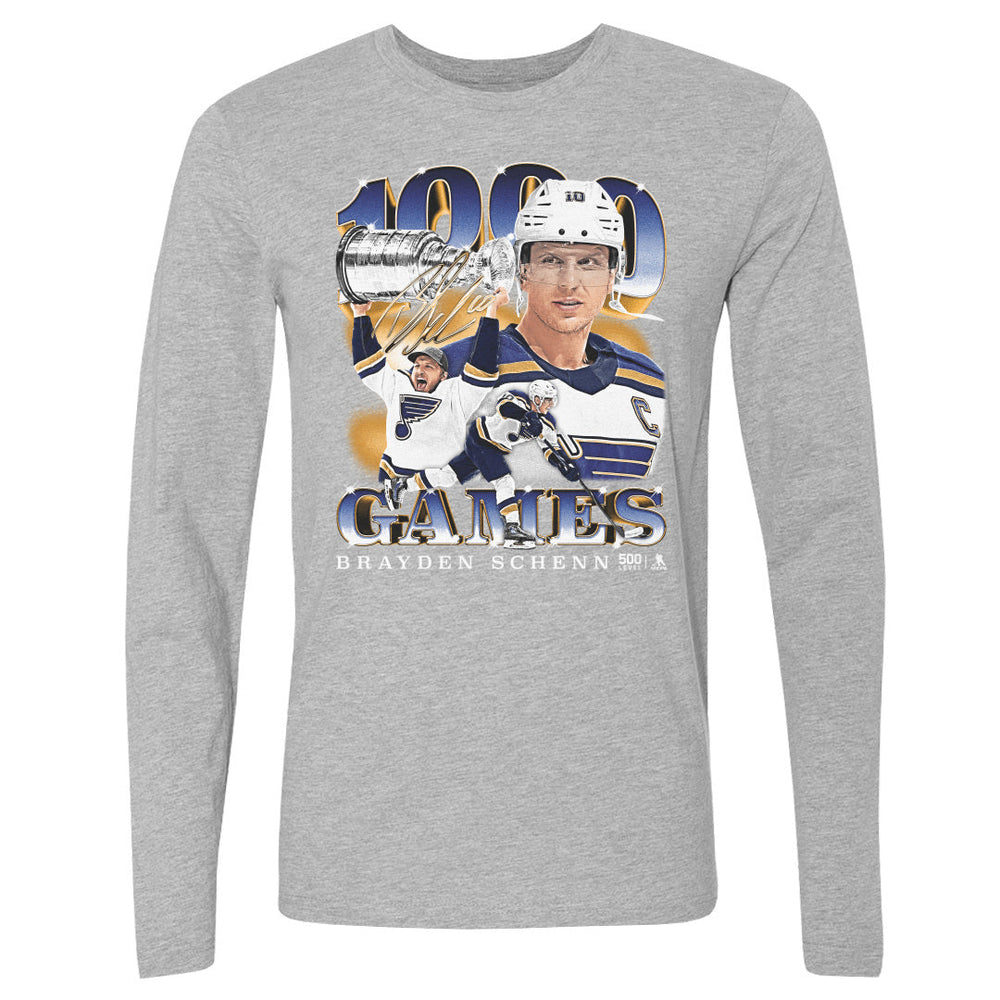 Brayden Schenn St. Louis Blues 1000th Game Long Sleeve Tee - 2 Colors Men's Long Sleeve T-Shirt 500 LEVEL Heather Gray S Men's Long Sleeve T-Shirt