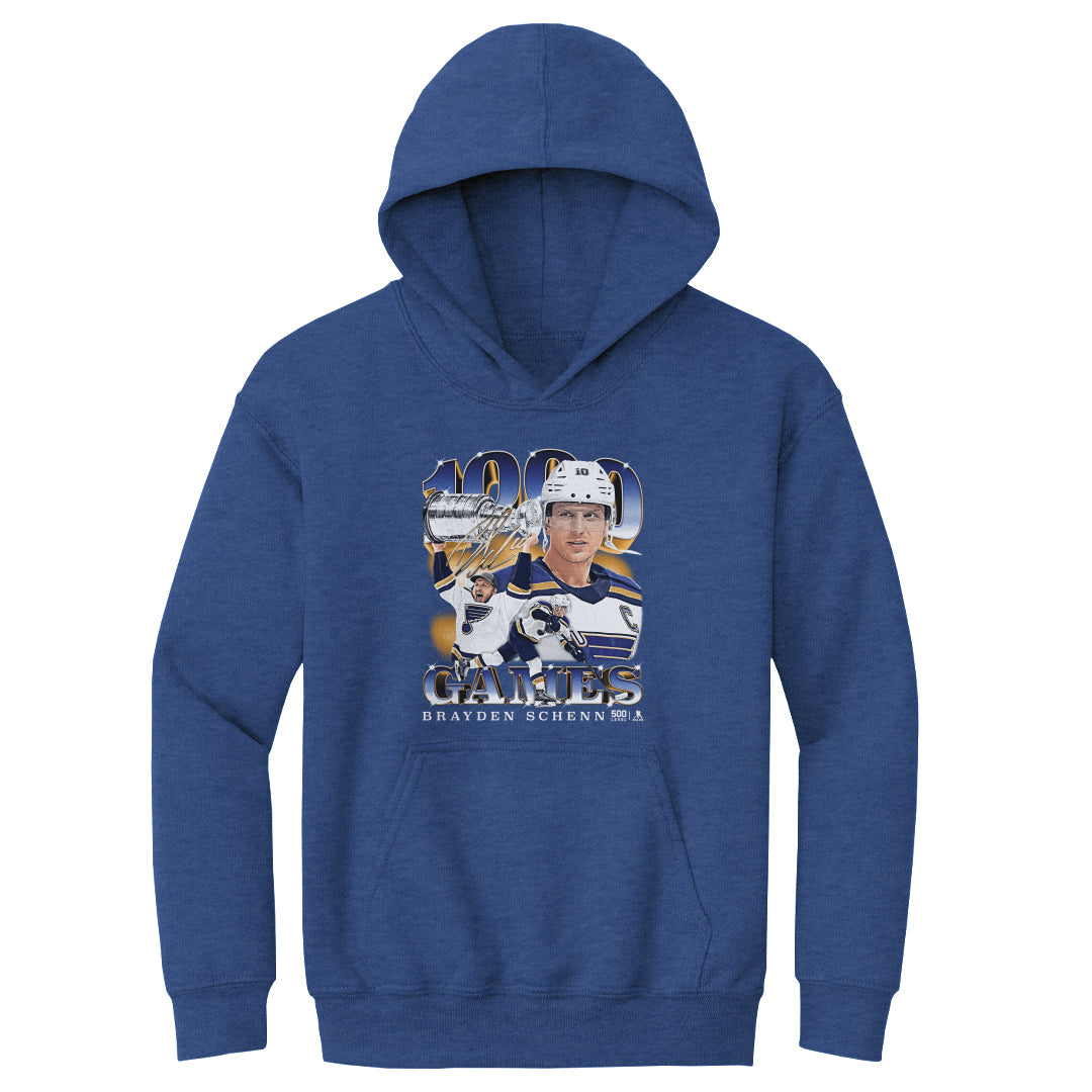 Brayden Schenn St. Louis Blues 1000th Game Youth Hoodie - 3 Colors Kids Youth Hoodie 500 LEVEL Heather Royal S Kids Youth Hoodie