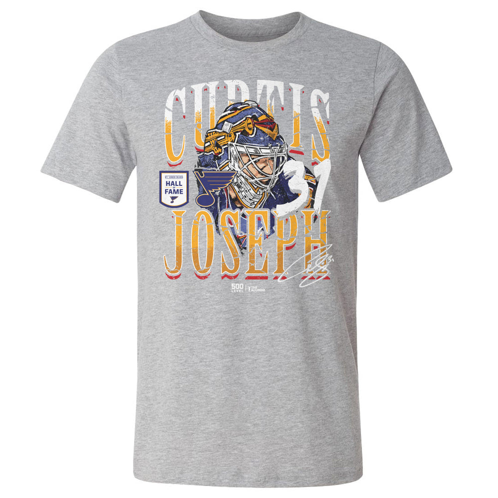 Curtis Joseph St. Louis Blues Trumpet Mask Tee - 2 Colors Men's Cotton T-Shirt 500 LEVEL Heather Gray S Men's Cotton T-Shirt