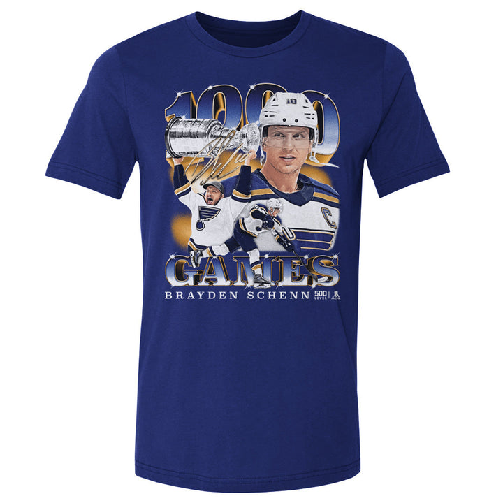 Brayden Schenn St. Louis Blues 1000th Game Tee - 3 Colors Men's Cotton T-Shirt 500 LEVEL Men's Cotton T-Shirt Royal Blue S