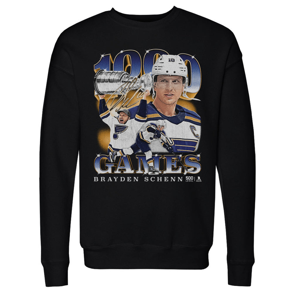 Brayden Schenn St. Louis Blues 1000th Game Crew - 2 Colors Men's Crewneck Sweatshirt 500 LEVEL Black S Men's Crewneck Sweatshirt