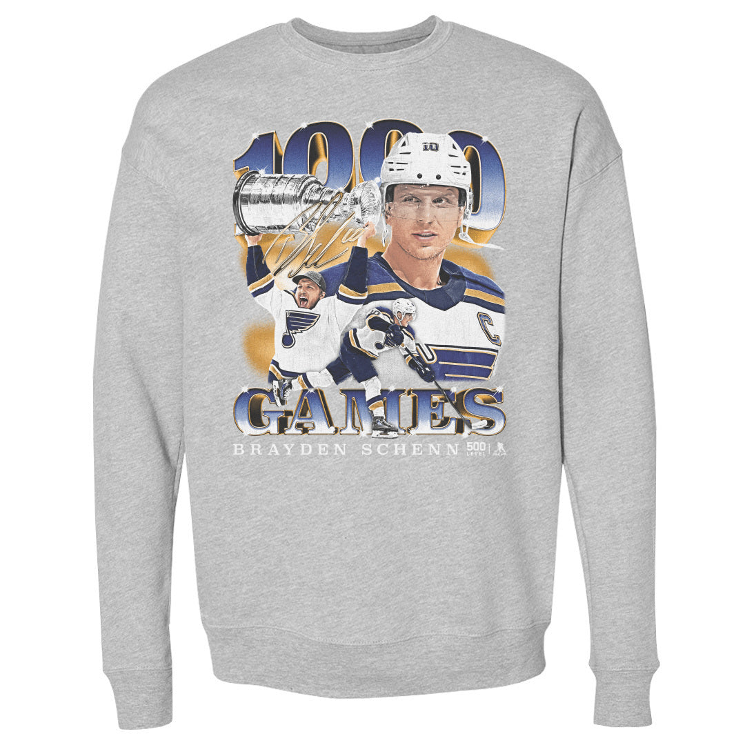 Brayden Schenn St. Louis Blues 1000th Game Crew - 2 Colors Men's Crewneck Sweatshirt 500 LEVEL Heather Gray S Men's Crewneck Sweatshirt