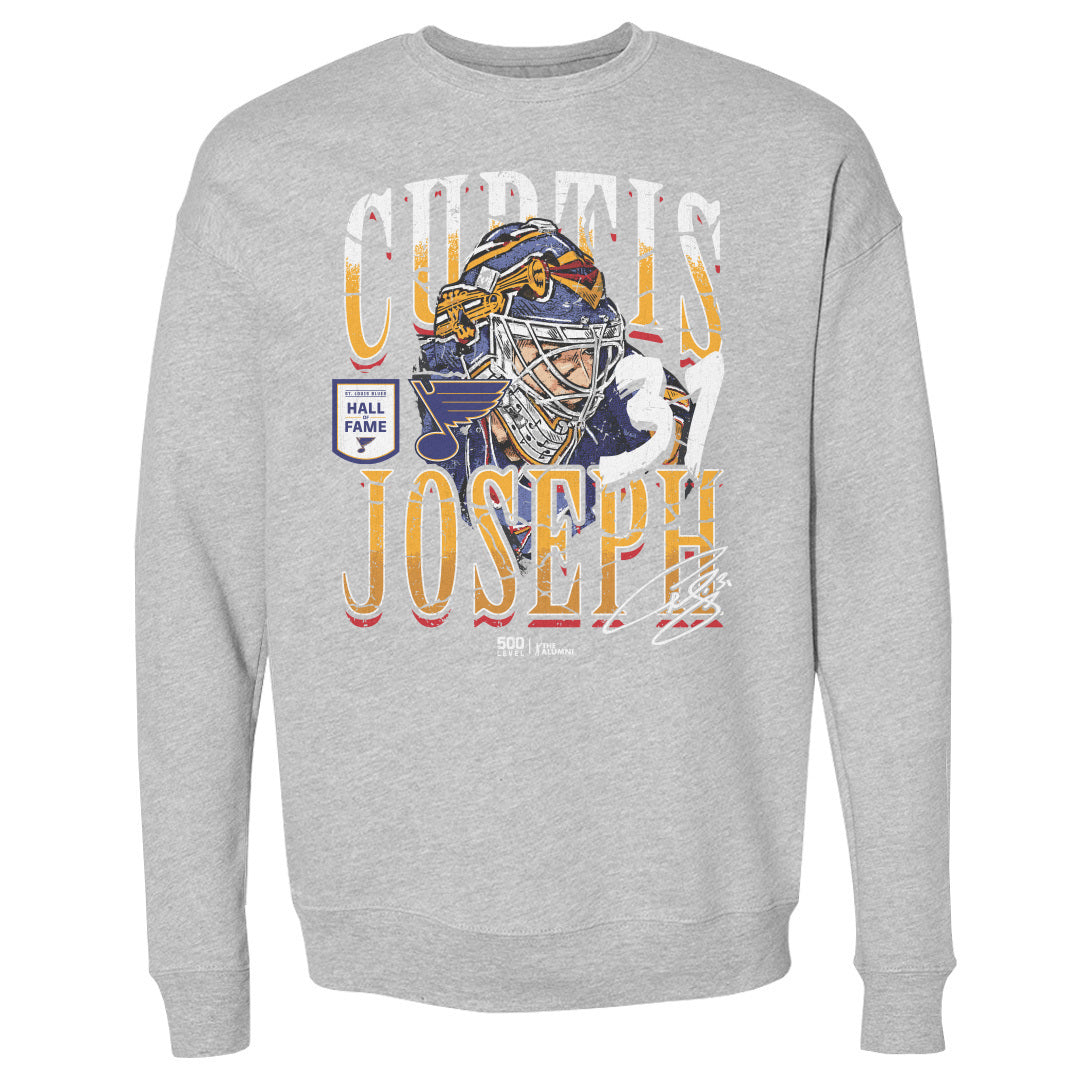 Curtis Joseph St. Louis Blues Trumpet Mask Crew Men's Crewneck Sweatshirt 500 LEVEL Heather Gray S Men's Crewneck Sweatshirt