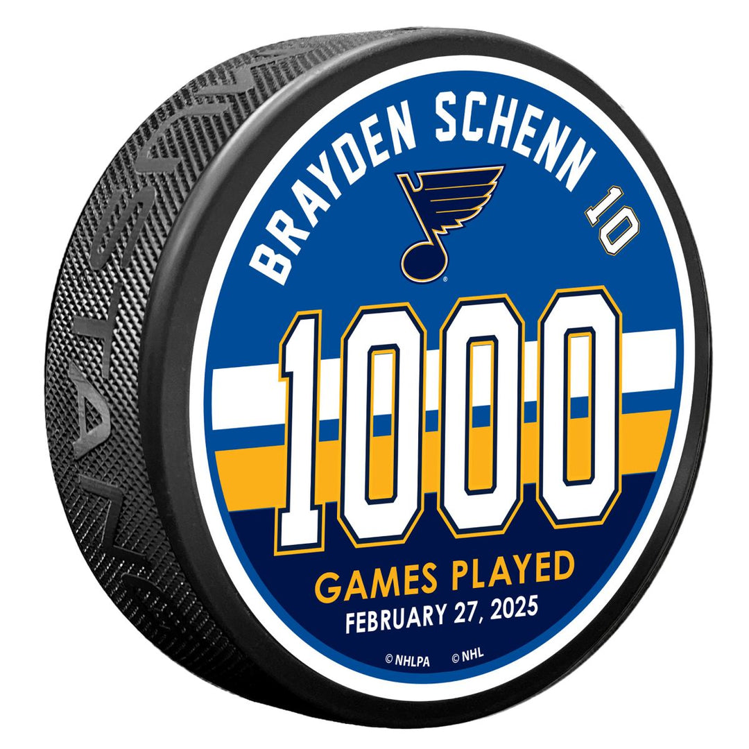 BRAYDEN SCHENN COMMEMORATIVE 1000th GAME PUCK Puck Mustang Products