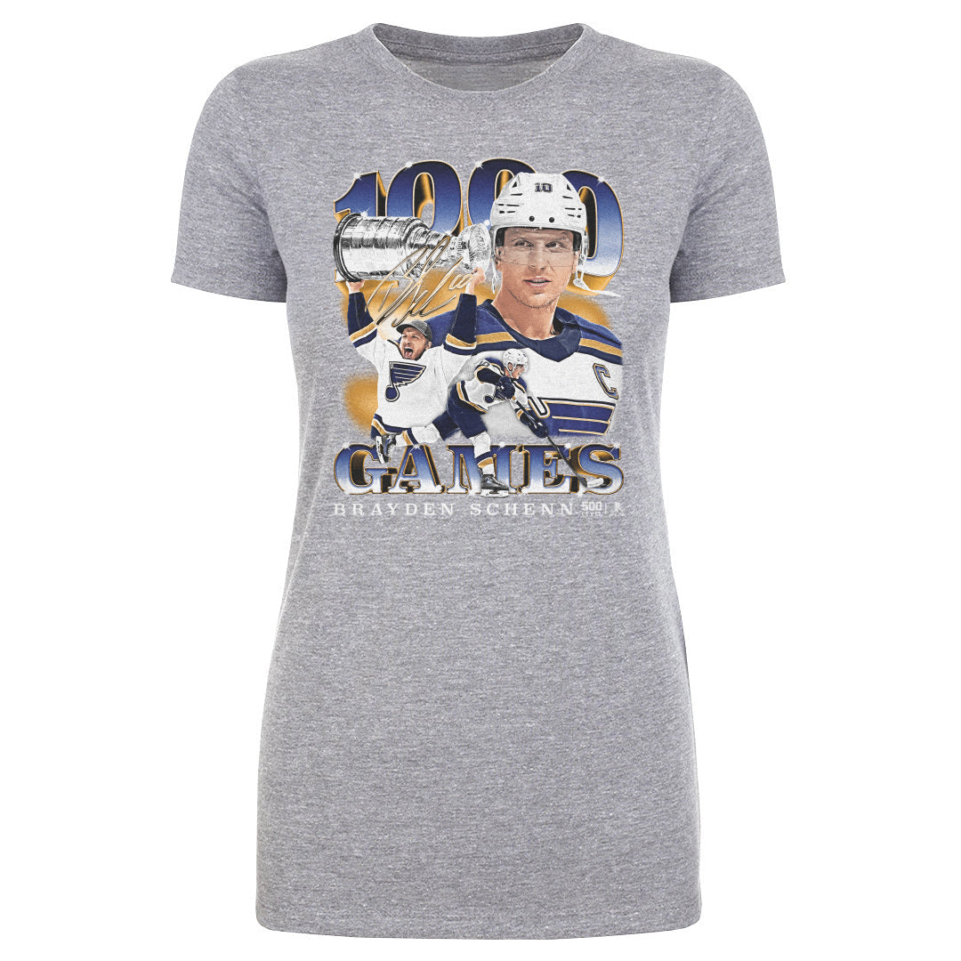 Brayden Schenn St. Louis Blues 1000th Game Women's Tee - 3 Colors Women's T-Shirt 500 LEVEL Heather Gray S Women's T-Shirt