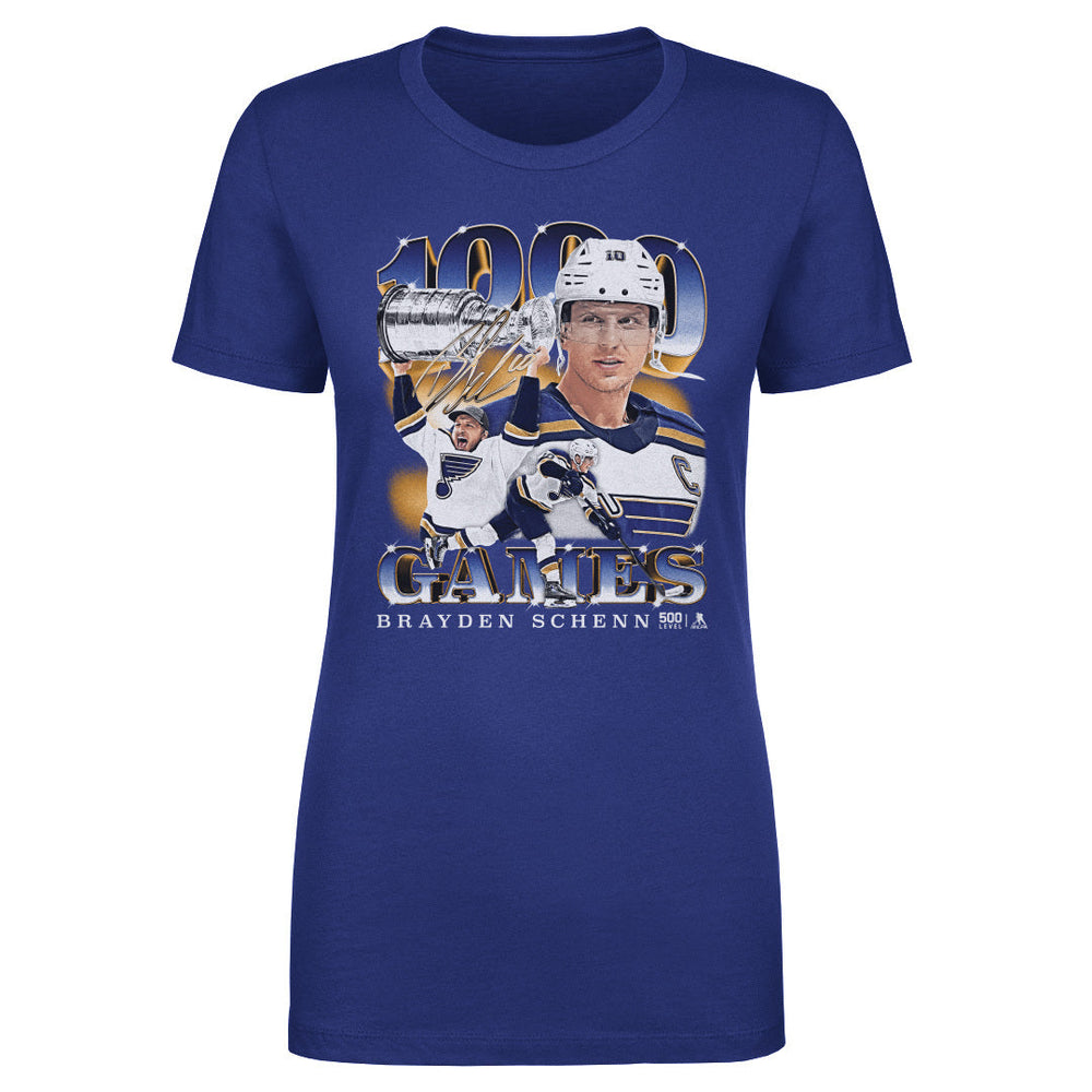 Brayden Schenn St. Louis Blues 1000th Game Women's Tee - 3 Colors Women's T-Shirt 500 LEVEL Royal Blue S Women's T-Shirt