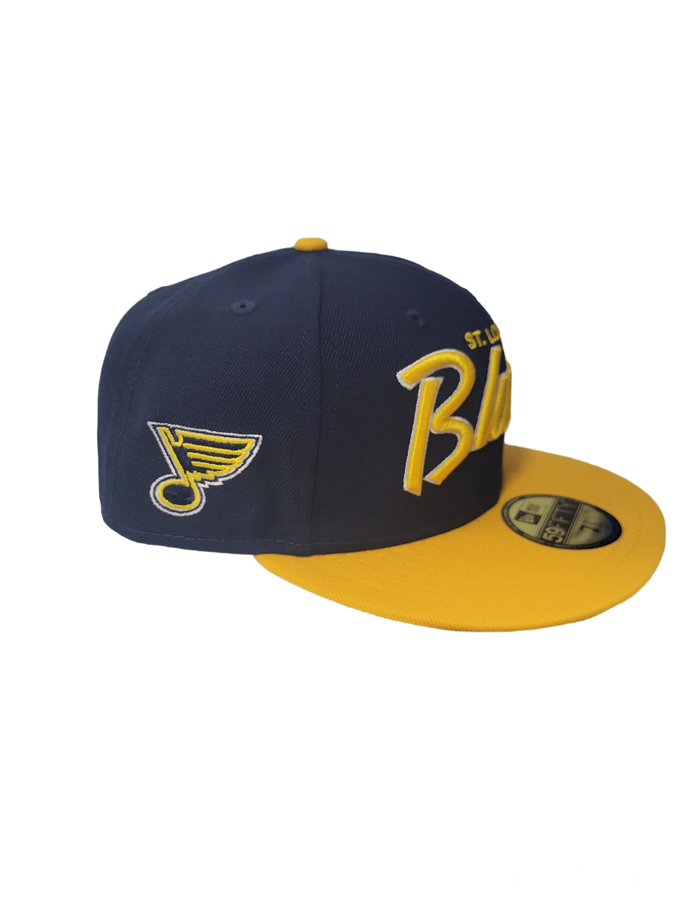 ST. LOUIS BLUES NEW ERA 5950 HERITAGE SCRIPT AIR FORCE BLUE AND GOLD FITTED  HAT